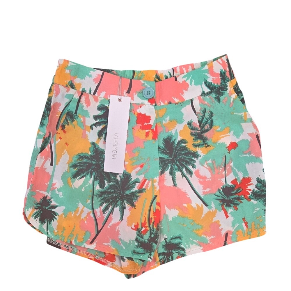 Lovelygirl Tropical Palm Tree Print High Waisted Shorts Multicolor Small NWT